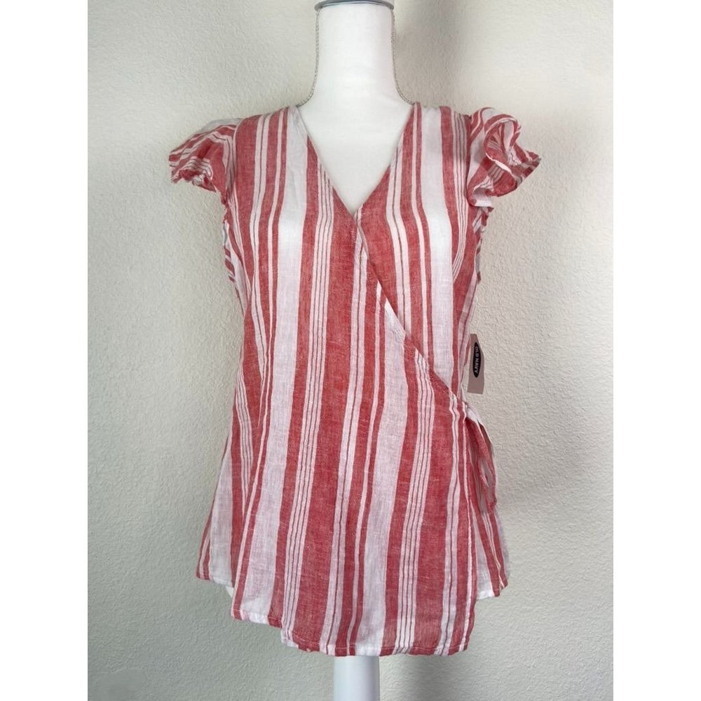 Old Navy women's small red white striped linen blend wrap ruffle cap sleeve‎ top